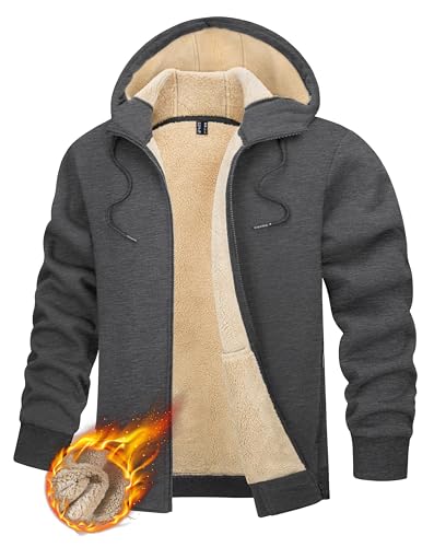 TACVASEN Herren Fleece Thermo Winterjacke Sweatshirt Pullover Full Zip Hoodie Kapuzenjacke Langarm für Männer, Dunkelgrau, 3XL von TACVASEN