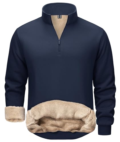 TACVASEN Herren Fleecefutter Sweatshirt Warm Langarm Gefüttert Arbeitspullover Winter Langarm 1/4 Zip Pulli Marineblau, L von TACVASEN