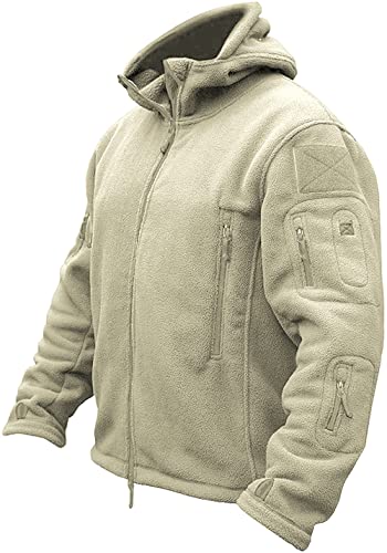 TACVASEN Herren Fleecejacke Military Outdoor Winddichte Jacke mit Kapuze, Gr. 3XL, Beige von TACVASEN