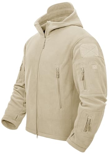 TACVASEN Herren Fleecejacke Military Outdoor Winddichte Jacke mit Kapuze, Gr. L, Beige von TACVASEN