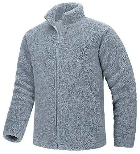 TACVASEN Herren Fleecejacke Sherpa Jacke Winter Sport Sweatjacke Warme Plüschjacke Männer mit Stehkragen (S,Hellgrau) von TACVASEN