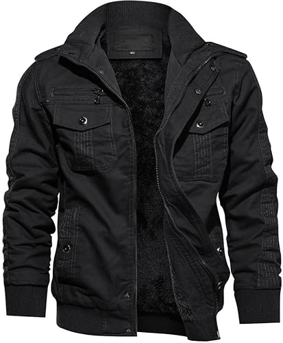 TACVASEN Herren Fleecejacke Warme Jacke Winter Thermojacke Gefüttert Übergangsjacke Militär Feldjacke Cargojacke (S, Schwarz) von TACVASEN