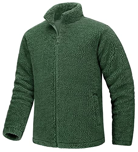 TACVASEN Herren Fleecejacke Winterjacke Gefüttert Fleecefutter Plüschjacke Männer Warme Jacke Ohne Kapuze (L, Armeegrün) von TACVASEN