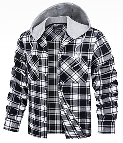 TACVASEN Holzfällerjacke Herren Freizeithemd Flanell Jacke Langarm Herbstjacke Fühling Hemd Lariert Hemdjacke mit Kapuze (Schwarz, L) von TACVASEN