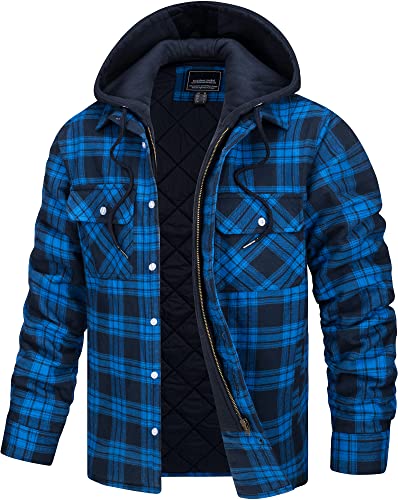 TACVASEN Herren Freizeithemden Innenfutter Flanell Hemdjakce Winter Kapuzenpullover Gesteppte Hooded Holzfällerjacke, Blau, 3XL von TACVASEN