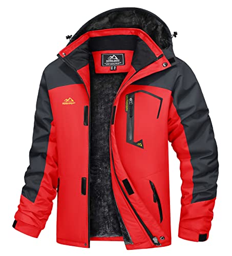 TACVASEN Herren Funktionsjacken Windbreaker Outdoorjacke Rengen Wasserdicht Übergangsjacken Fleece mit Multi-Taschen, Rot, XXL von TACVASEN