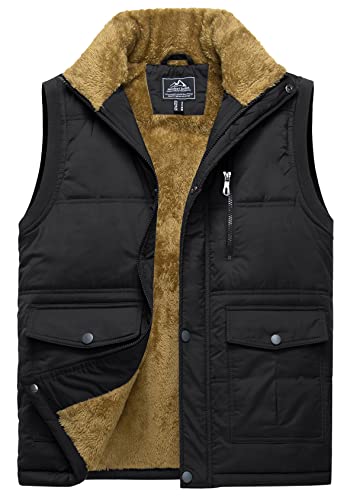 TACVASEN Herren Gefütterte Warme Winterweste Innenfleece Jacke Übergangsjacke Outdoor Westen mit Taschen(XXL, Schwarz) von TACVASEN