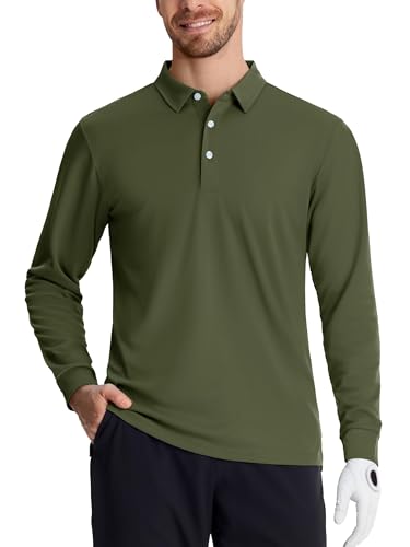 TACVASEN Herren Golf Shirt Longsleeve Sommershirts Schnelltrocknend Funktionsshirts Casual Polohemd Atmungsaktiv, Armeegrün, 3XL von TACVASEN