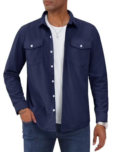 TACVASEN Herren Hemd Cord Hemdjacke Langarm Overshirt mit Klappentasche Frühling Freizeithemd (Navy,L) von TACVASEN