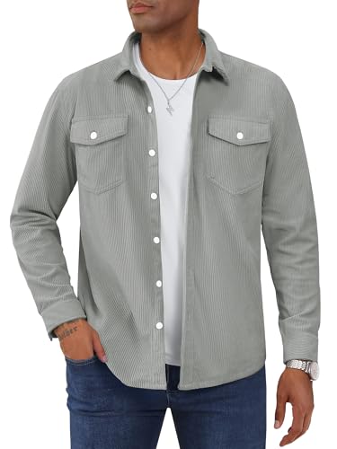 TACVASEN Herren Hemd Jacke Cordhemd Leicht Frühlingsjacke Knopfverschluss Overshirt Frühling (LightGrey,L) von TACVASEN