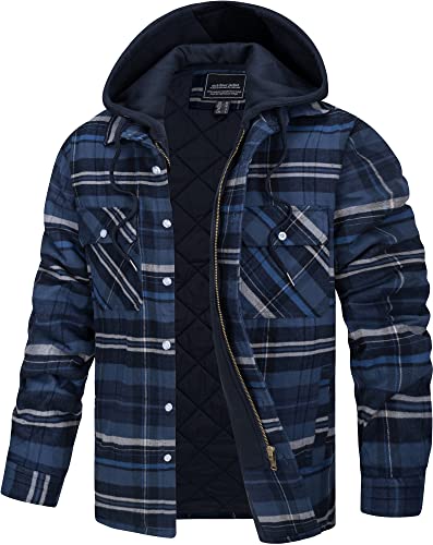 TACVASEN Herren Hemd Lange Ärmel Plaid Shirts Chest Pockets Männer Kapuzenpullover Herrenhemd Oberbekleidung, Blau-Grau, 3XL von TACVASEN