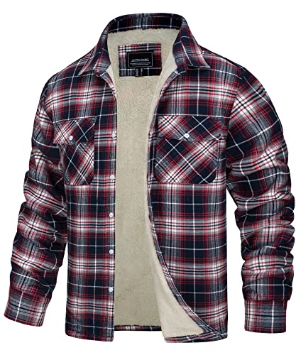 TACVASEN Herren Hemden Langarm Jacket Winter Karohemden Thermo Shirts Herrenhemden für Männer Freizeit, Rot-Weiß, M von TACVASEN