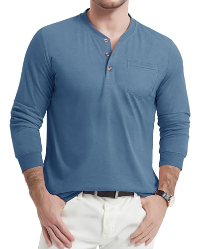 TACVASEN Herren Henley Shirt Langarmshirt Baumwolle Casual T-Shirt Bequem Oberteile Longsleeve Frühlingshirt (M, Graublau) von TACVASEN