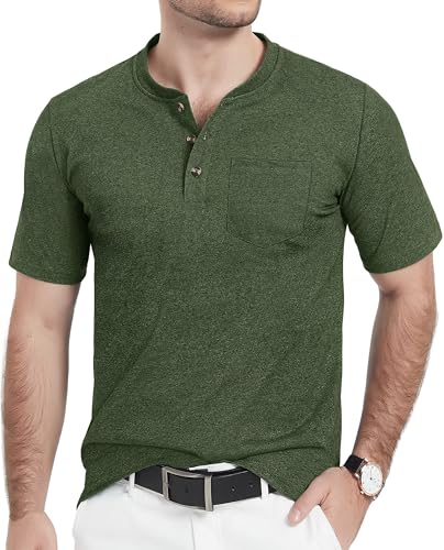 TACVASEN Herren Henley T-Shirt Freizeit Shirt Kurzarmshirt Baumwolle Komfortable Sommershirt Shortsleeve Tshirt mit Brusttasche, Armeegrün, M von TACVASEN