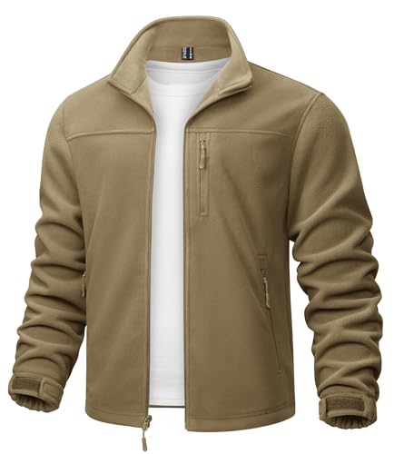TACVASEN Herren Herbst Fleecejacke Leichte Warme Jacke Sweatshirts Sportjacke mit Tasche(XL, Khaki) von TACVASEN