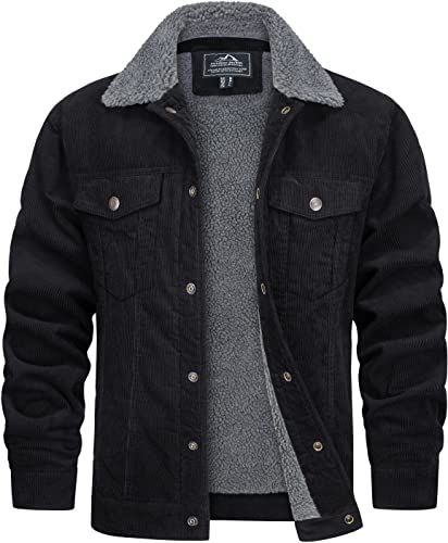 TACVASEN Herren Herbstjacke Cord Jacke Arbeitsjacke Teddyfutter Cargojacke Casual Jacket mit Fell, Schwarz, XXL von TACVASEN