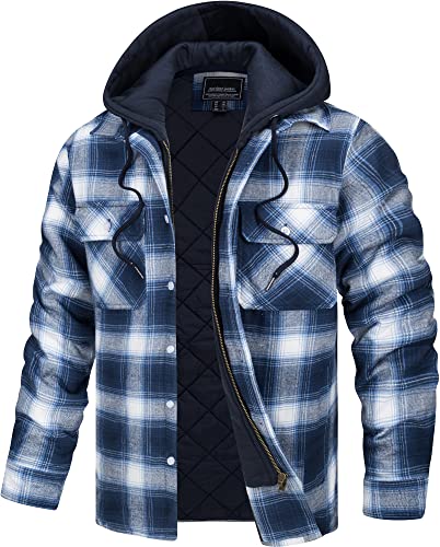 TACVASEN Herren Kariert Hemd Leichte Jacke Casual Übergangsjacke Langarmshirts Hooded Sweat Jacket, Blau-Weiß, 3XL von TACVASEN