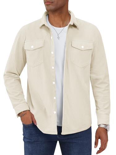 TACVASEN Herren Hemdjacke Cordhemd Freizeithemd Knopfverschluss Langarm Herbst Jacken mit Brusttaschen (Beige,3XL) von TACVASEN