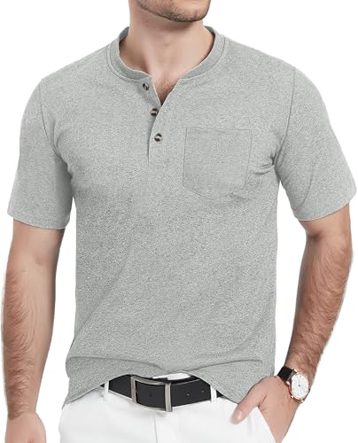 TACVASEN Herren Kurzarm Shirt Classic Henley Freizeitshirt Bequem Tshirt Baumwolle T-Shirt Atmungsaktiv Leichte Sommerhemd, Hellgrau, M von TACVASEN