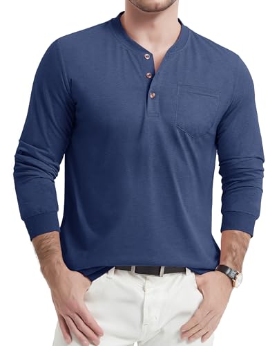 TACVASEN Herren Langarmshirt Baumwolle Classic Henley-Shirt Leicht Freizeitshirt Herbst Atmungsaktiv T-Shirt mit Knopfleiste (L, Dunkelblau) von TACVASEN