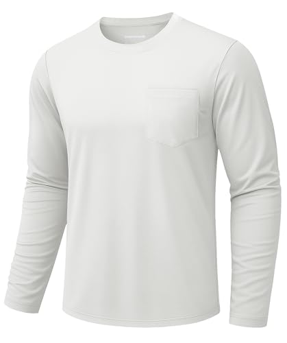 TACVASEN Herren Langarmshirt Baumwolle Freizeit Atmungsaktive Herren Arbeits Herbst Outdoor Einfarbige Rundhals T Shirts mit Brusttasche Weiß L von TACVASEN