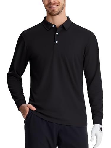 TACVASEN Herren Langarmshirts Atmungsaktiv Golf Freizeitshirts Poloshirts Outdoorshirts mit 3-Knopfleiste, Schwarz, 3XL von TACVASEN