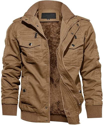 TACVASEN Herren Militär Übergangsjacke Baumwolle Cargojacke Freizeitjacke Winddicht Stekragen Jacket für Outdoor (L, Khaki) von TACVASEN