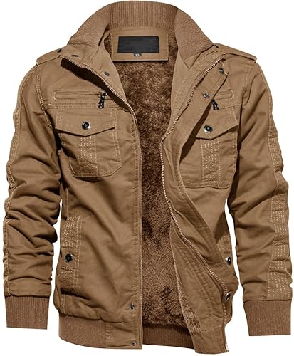 TACVASEN Winterjacken Herren Militär Übergangsjacke Baumwolle Cargo Frühlingsjacke Winddicht Stekragen Jacket für Outdoor (L, Khaki) von TACVASEN