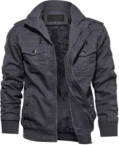 TACVASEN Herren Outdoor Fleecejacken Warme Jacke Winterjacke Military Herbstjacke Fliegerjacke Cargo Arbeiten Jacket (S, Grau) von TACVASEN