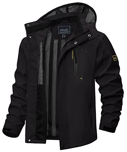 TACVASEN Herren Outdoorjacke Wasserabweisend Regenjacke Kapuzenjacke Leicht Outdoor Jacket Windbreaker mit Kapuze (L, Schwarz) von TACVASEN