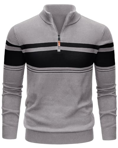 TACVASEN Herren Pullover 1/4 Zip Stehkragen Strickpullover Warm Sweatshirt Bequemes Oberteil für Herbst Winter Arbeit Freizeit Hellgrau 2XL von TACVASEN