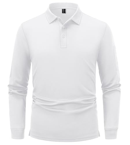 TACVASEN Langarm Poloshirt Herren Schnelltrocknend Funktionsshirt Leicht Mens Polo Shirt Sommershirts Tactical Army Tshirt Sport Outdoor (XXL, Weiß) von TACVASEN