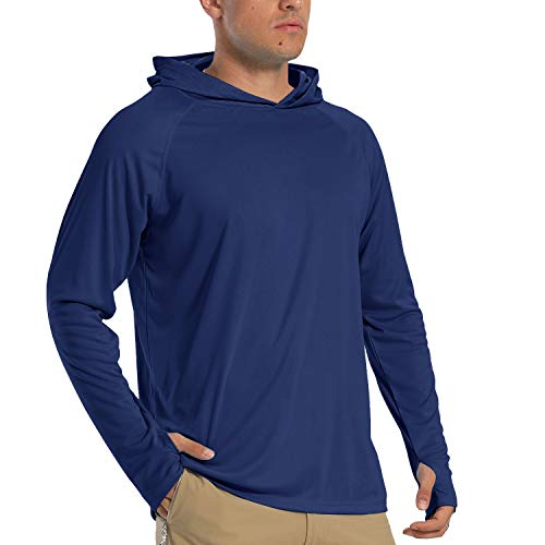 TACVASEN Herren Sonnenschutz Hoodie Sommer Atmungsaktiv Langarmshirts UPF 50+ mit Kapuze, Navy Blau, L von TACVASEN