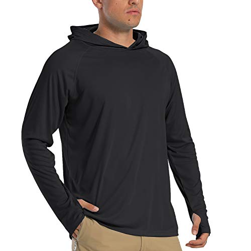 TACVASEN Herren Sonnenschutz Hoodie Sommer Atmungsaktiv Langarmshirts UPF 50+ mit Kapuze, Schwarz, L von TACVASEN