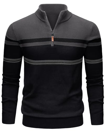 TACVASEN Herren Strickpullover Half Zip Stehkragen Baumwolle Langarm Weicher Komfortabler Sweater Warm Freizeit Herbst Alltag Schwarz XL von TACVASEN