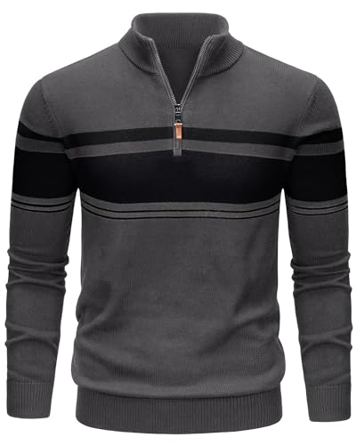 TACVASEN Herren Strickpullover Half Zip Stehkragen Baumwolle Sweater Gestreift Warmes Oberteil für Winter Herbst Casual Alltag Dunkelgrau L von TACVASEN