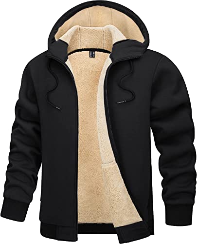 TACVASEN Herren Thermo Fleecejakce Pulli Hoodie Sweatjacke Winter Gefütterte Langarm Sport Hoody mit Taschen, Schwarz, S von TACVASEN