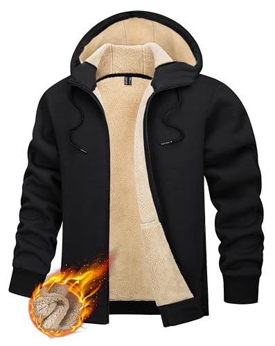 TACVASEN Herren Thermo Fleecejakce Pulli Hoodie Sweatjacke Winter Gefütterte Langarm Sport Hoody mit Taschen, Schwarz von TACVASEN