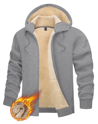 TACVASEN Herren Trachtenjacke Winter Fleece Sweatjacke Pulli Hoodie Fleecejacke Gefütterte Casual Jacket, Hellgrau, L von TACVASEN