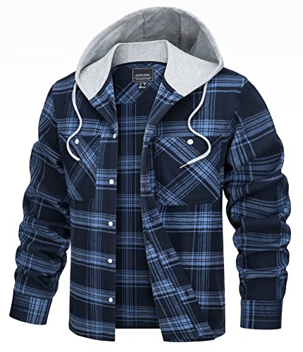 TACVASEN Übergangsjacke Herren Herbst Kariertes Hemd Baumwollhemd Long Sleeve Hoodie Flanell Trachtenhemd (Grau Blau, L) von TACVASEN