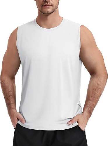 TACVASEN Tank Top Herren Sport UPF 50 Gym T-Shirt Bodybuilding Achselshirt Ärmelloses Sportshirt Outdoor Aktiv Athletisch Funktionsshirt Schnelltrocknend (L, Weiß) von TACVASEN