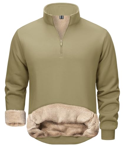 TACVASEN Herren Warme Fleece Pullover Männer Stehkragen Arbeitspullover Winter Langarm Gefüttert Fleecejacke Khaki, L von TACVASEN