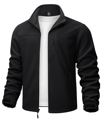 TACVASEN Herren Warme Fleecejacke Outdoorjacke Sport Jacket Sweatjacke mit Brusttasche (S, Schwarz) von TACVASEN