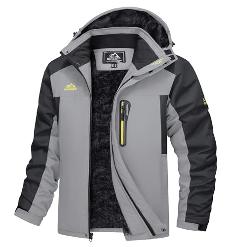 TACVASEN Herren Warme Skijacke Gefütterte Winterjacke Wasserabweisende mit Abnehmbarer Kapuzen (3XL, Hellgrau) von TACVASEN