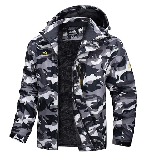 TACVASEN Herren Warme Skijacke Gefütterte Winterjacke Wasserabweisende mit Abnehmbarer Kapuzen (S, Schwarz-Camo) von TACVASEN