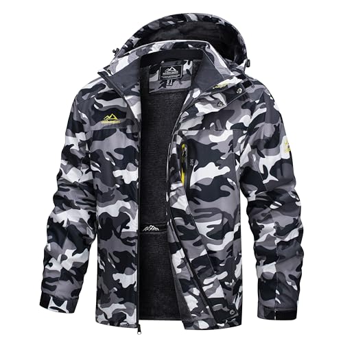 TACVASEN Herren Warme Skijacke Gefütterte Winterjacke Wasserabweisende mit Abnehmbarer Kapuzen (XL, Schwarz-Camo) von TACVASEN