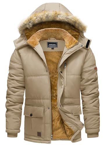 TACVASEN Herren Winter Parka Outdoor Jacket Wandern Snowboard Fleecejacke mit Reißverschluss und Kapuze, (L, Khaki) von TACVASEN