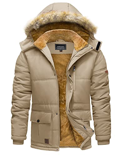 TACVASEN Herren Winter Parka Military Jacket Wandern Übergangsjacke Snowboard Fleecejacke mit Reißverschluss und Kapuze, Khaki, S von TACVASEN