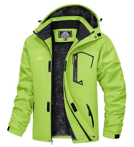 TACVASEN Herren Winter Winddichte Winterjacke Warme Fleece-Futter Ski Übergangsjacke mit Abnehmbarer Kapuze, Neongrün, XL von TACVASEN