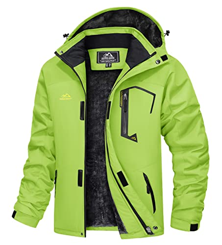 TACVASEN Herren Winter Winddichte Winterjacke Warme Fleece-Futter Ski Übergangsjacke mit Abnehmbarer Kapuze, Neongrün, L von TACVASEN